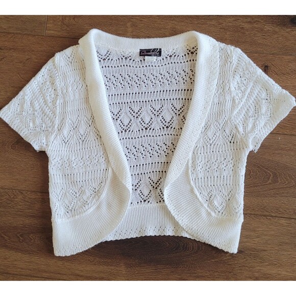 Y2K Cropped Shrug Sweater White Short Sleeve Juniors M Questions by Say What USA - Picture 1 of 14